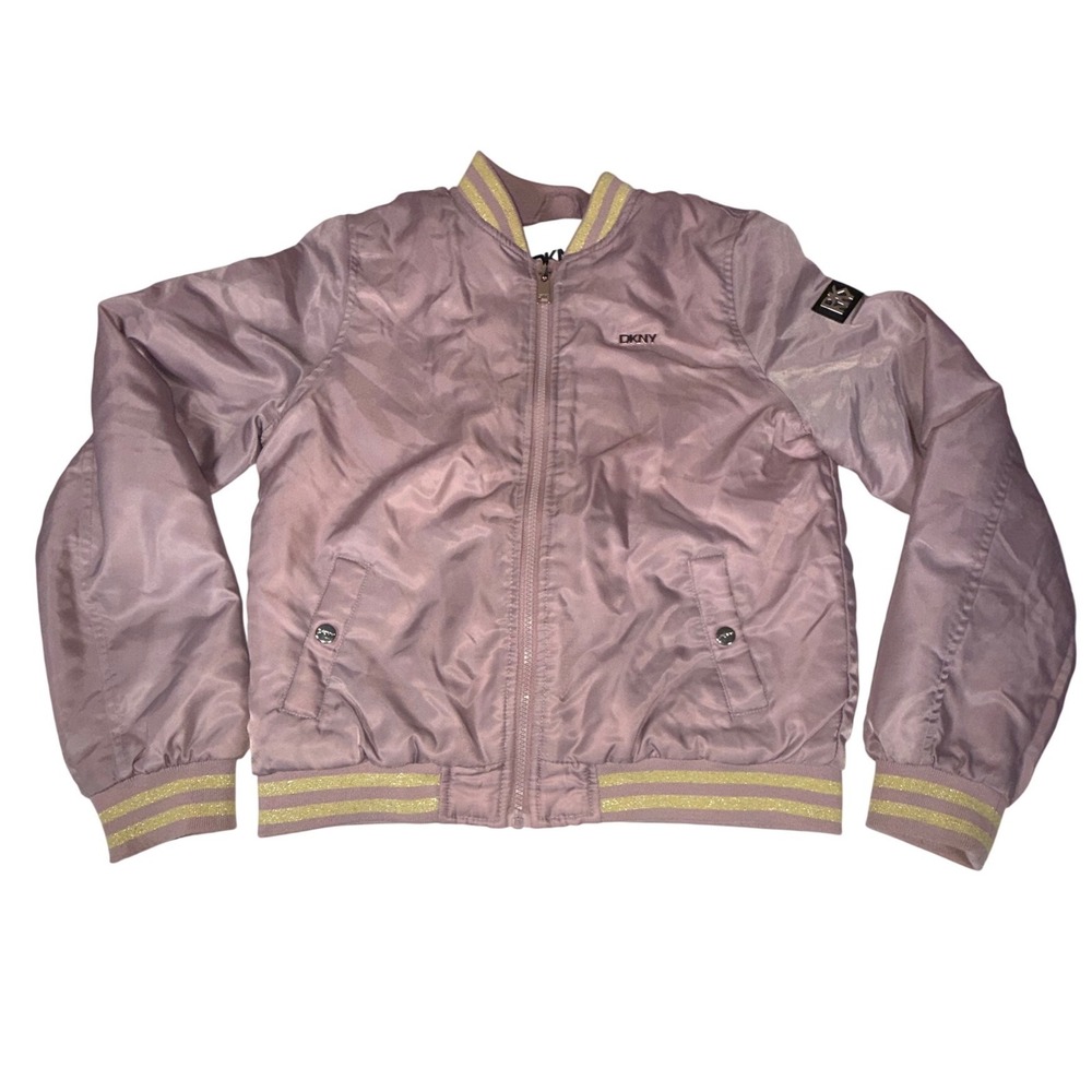 DKNY Girls Pink Bomber Jacket Faux Shearling Lined Gold Metallic Trim Size L